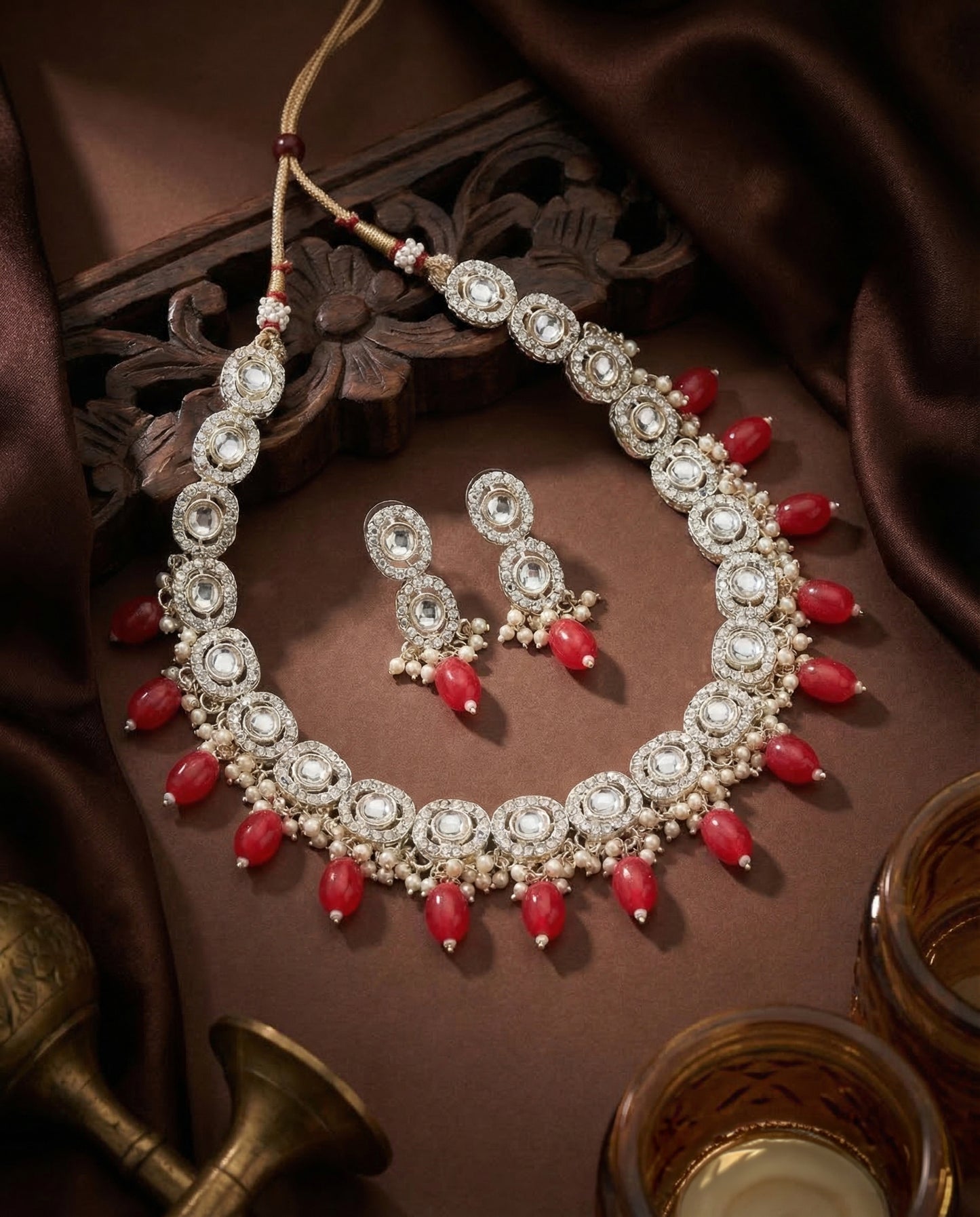 Red Fareed Kundan Zircone Necklace With Earring