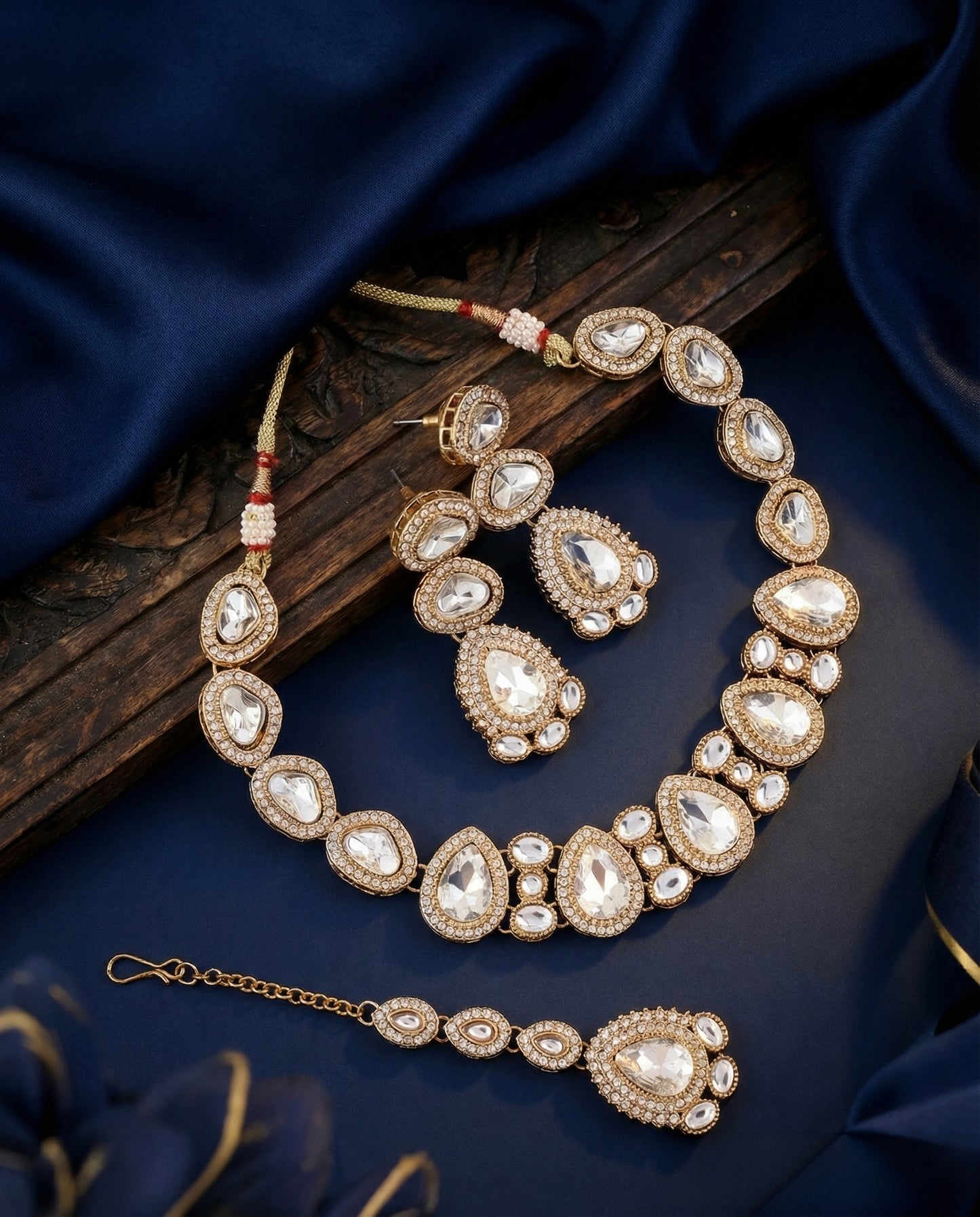 Silver Prishika Premium Polki Dupe Necklace with Earring and Teeka