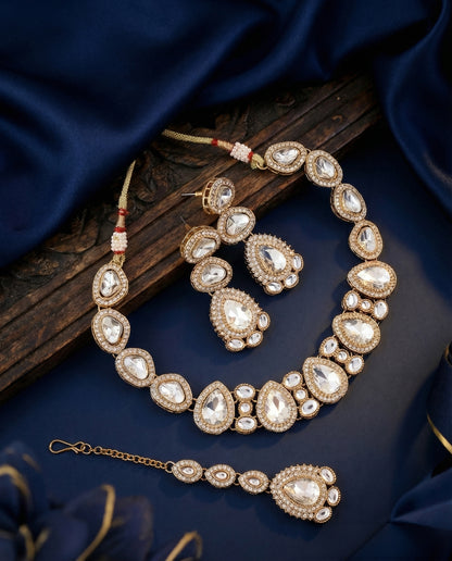 Silver Prishika Premium Polki Dupe Necklace with Earring and Teeka