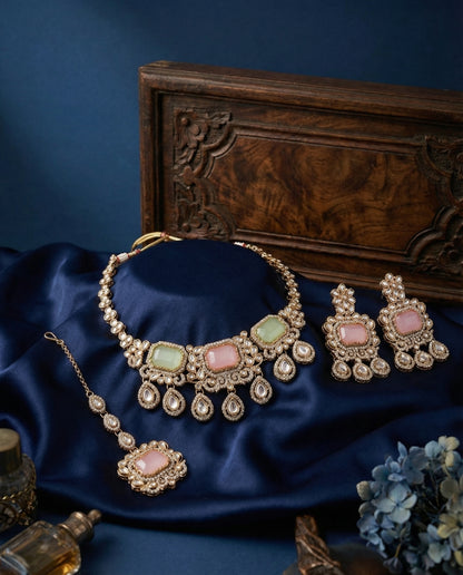 Pastel Harshika Premium Zircone Polki Dupe Necklace Set