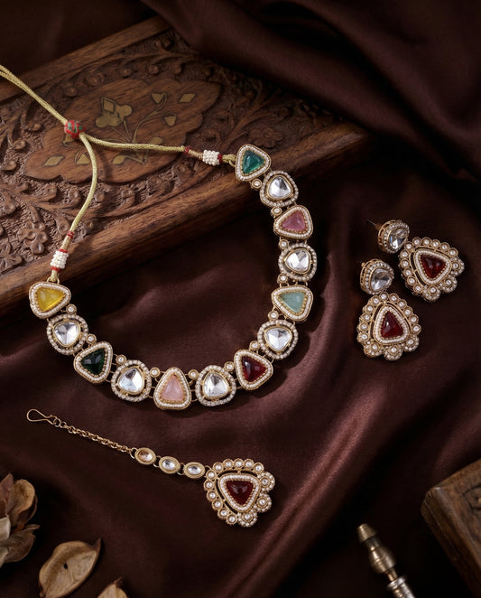 Paragi Premium Polki Dupe Necklace with Earring and Mangteeka