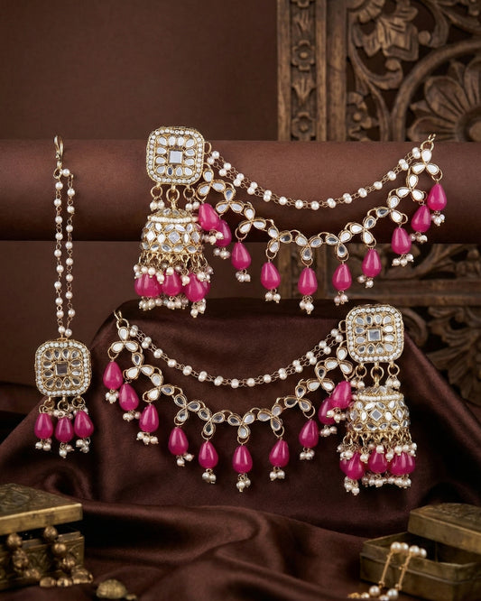 Pink Aayat Mirror Bahubali Jhumka with Statement Kaan Chain and Teeka