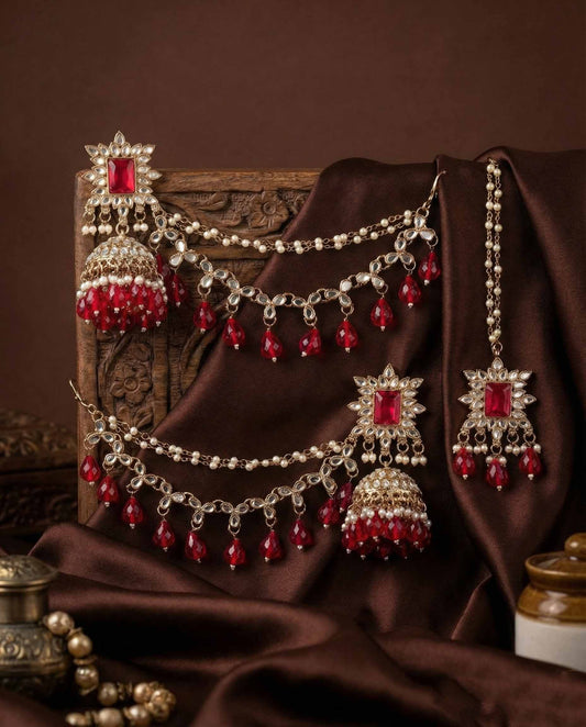 Pink Kaur Mirror Bahubali Jhumka with Statement Kaan Chain and Teeka
