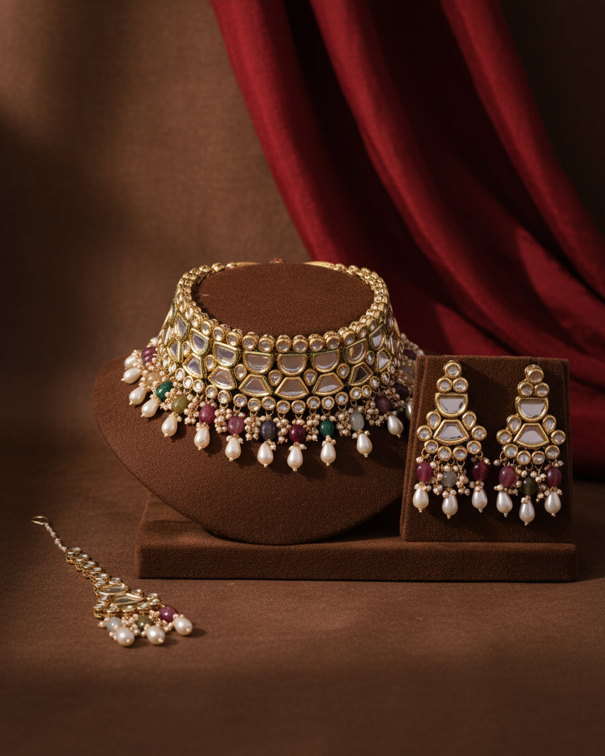 Multi Guranshi Dabi Kundan Choker Necklace with Earring and Mangteeka