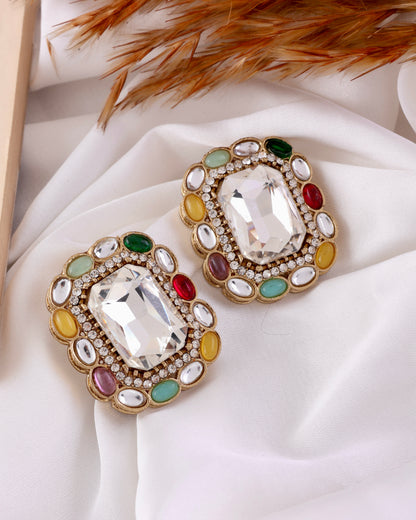 Silver Multi Miyoko Premium Kundan Zircone Stud Earrings