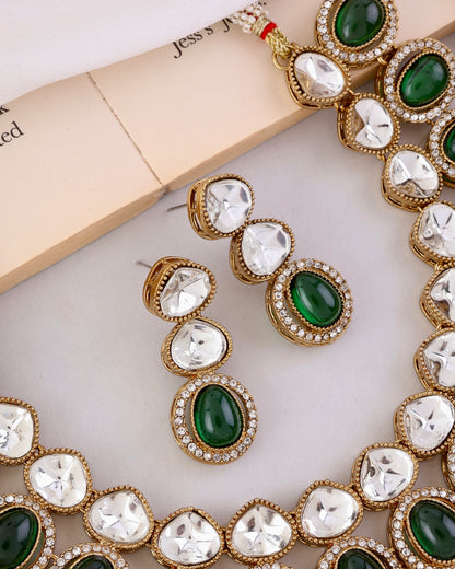 Emerald Arshiya Premium Polki Dupe Necklace with Earring and Teeka