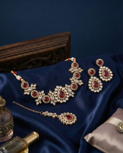 Red Sierra Kundan Choker Necklace Set With Earring & Teeka