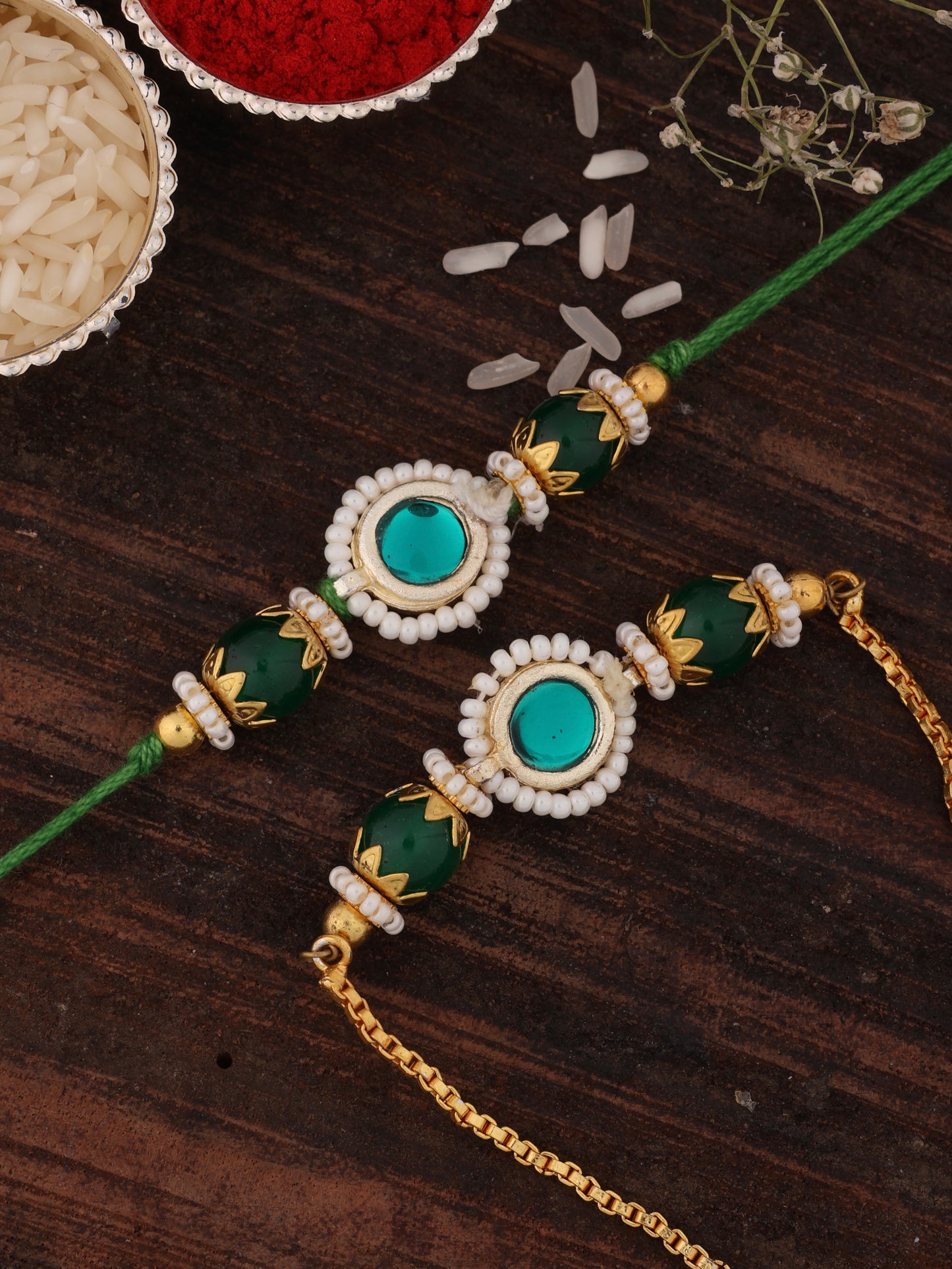 Green Adrika Bhaiya Bhabhi Rakhi with Tilak Set and Card