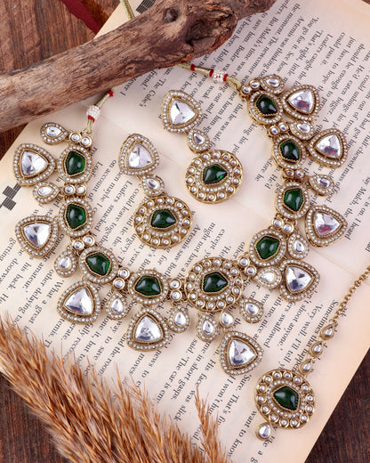 Green Kavita Premium Polki Dupe Necklace with Earring and Teeka