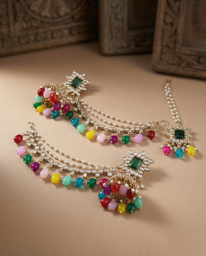 Multi Kaur Mirror Bahubali Jhumka with Statement Kaan Chain and Teeka