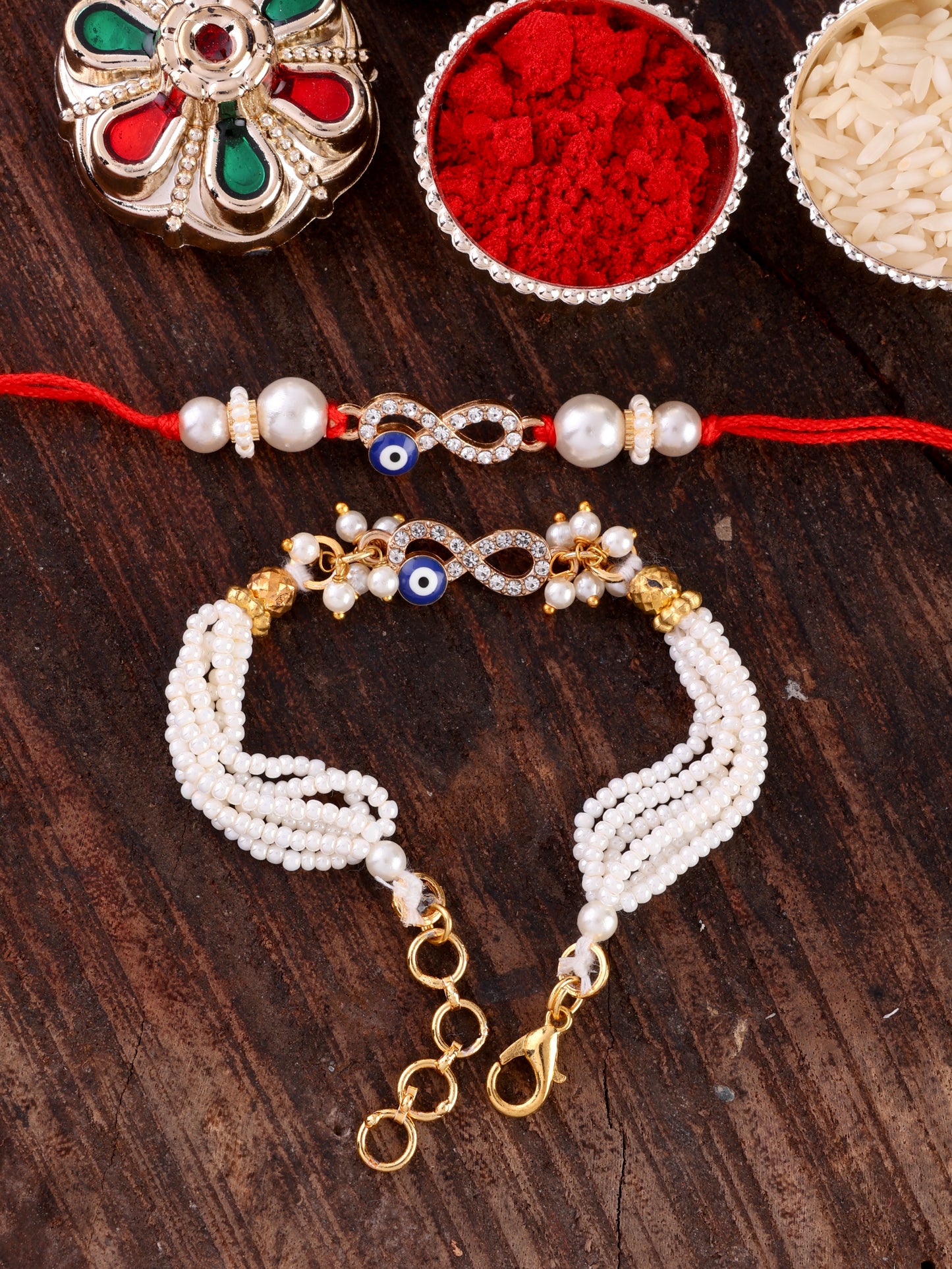 Rakshit Bhaiya Rakhi and Bhabhi Bracelet with Tilak Set and Card
