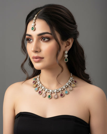 Multi Nivaya Premium Polki Dupe Necklace with Earring and Teeka