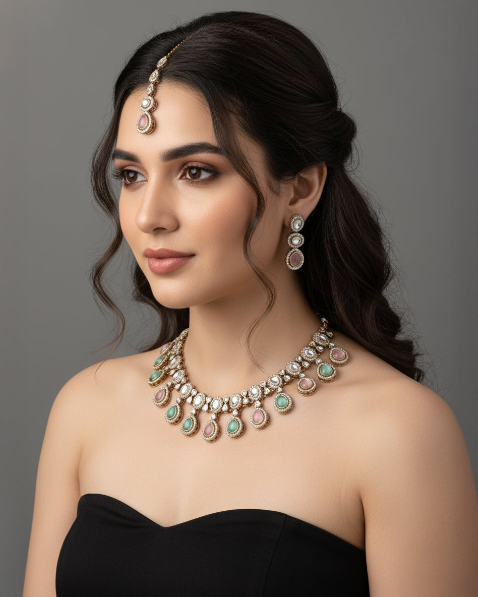Pastel Nivaya Premium Polki Dupe Necklace with Earring and Teeka