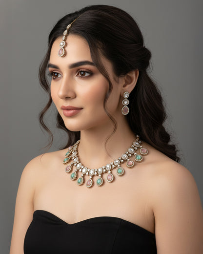 Pastel Nivaya Premium Polki Dupe Necklace with Earring and Teeka