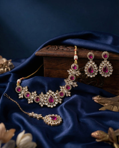 Purple Sierra Kundan Choker Necklace Set With Earring & Teeka