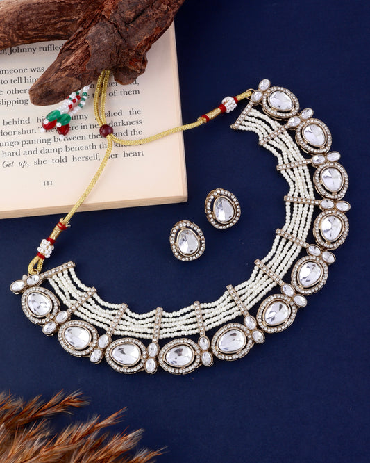 Pearl Darvesh Zircone Polki Dupe Pearl Necklace with Earring