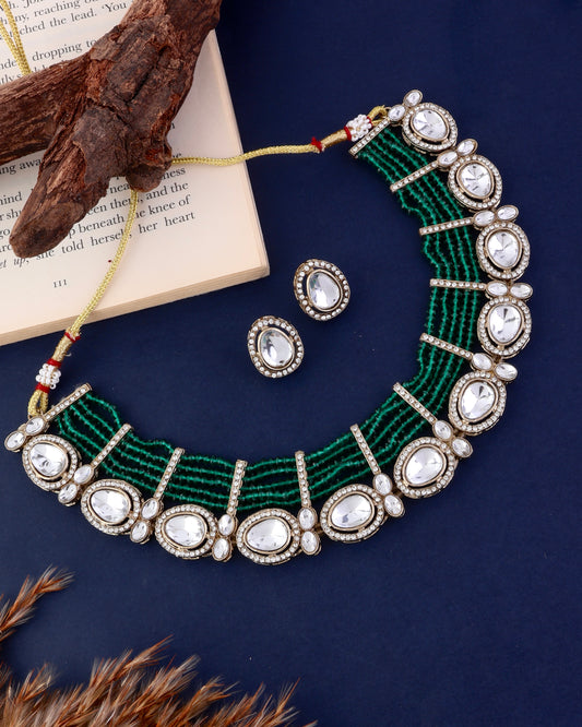 Green Darvesh Zircone Polki Dupe Pearl Necklace with Earring