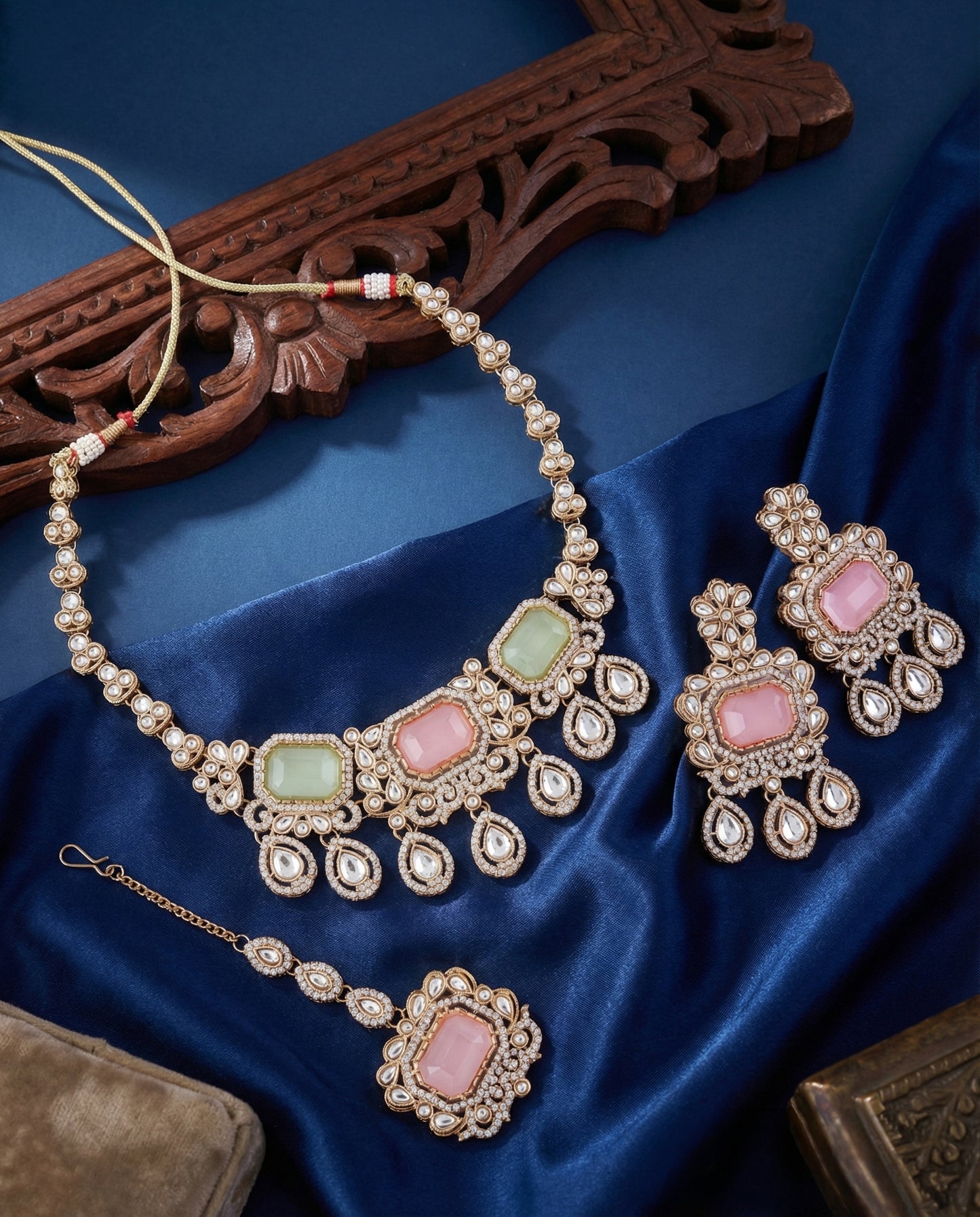 Pastel Harshika Premium Zircone Polki Dupe Necklace Set