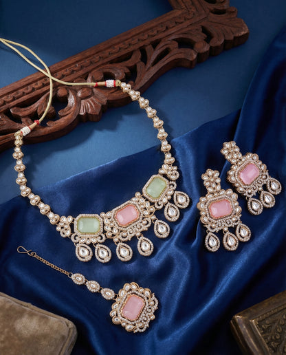 Pastel Harshika Premium Zircone Polki Dupe Necklace Set