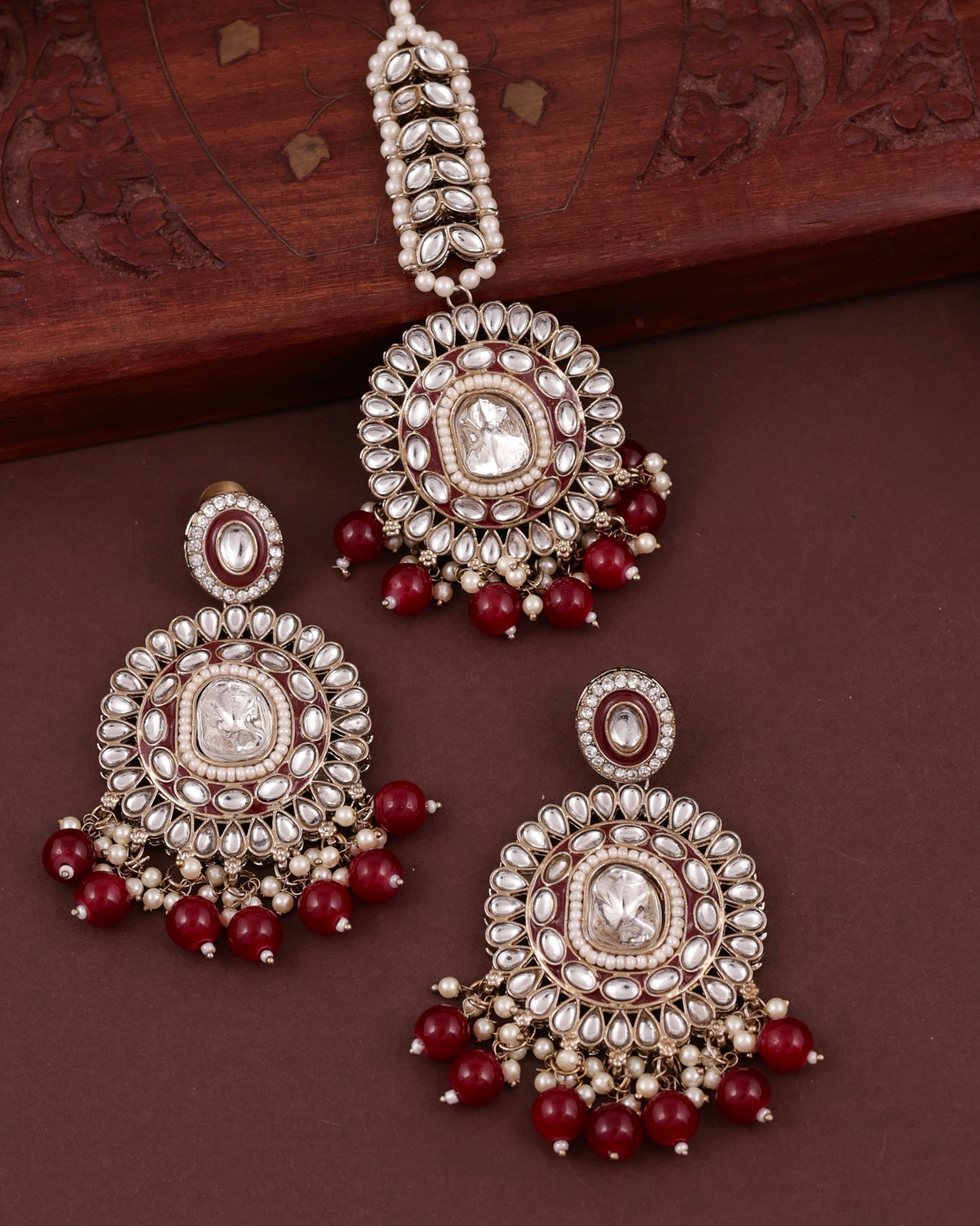 Maroon Vyanika Necklace Earring with Teeka