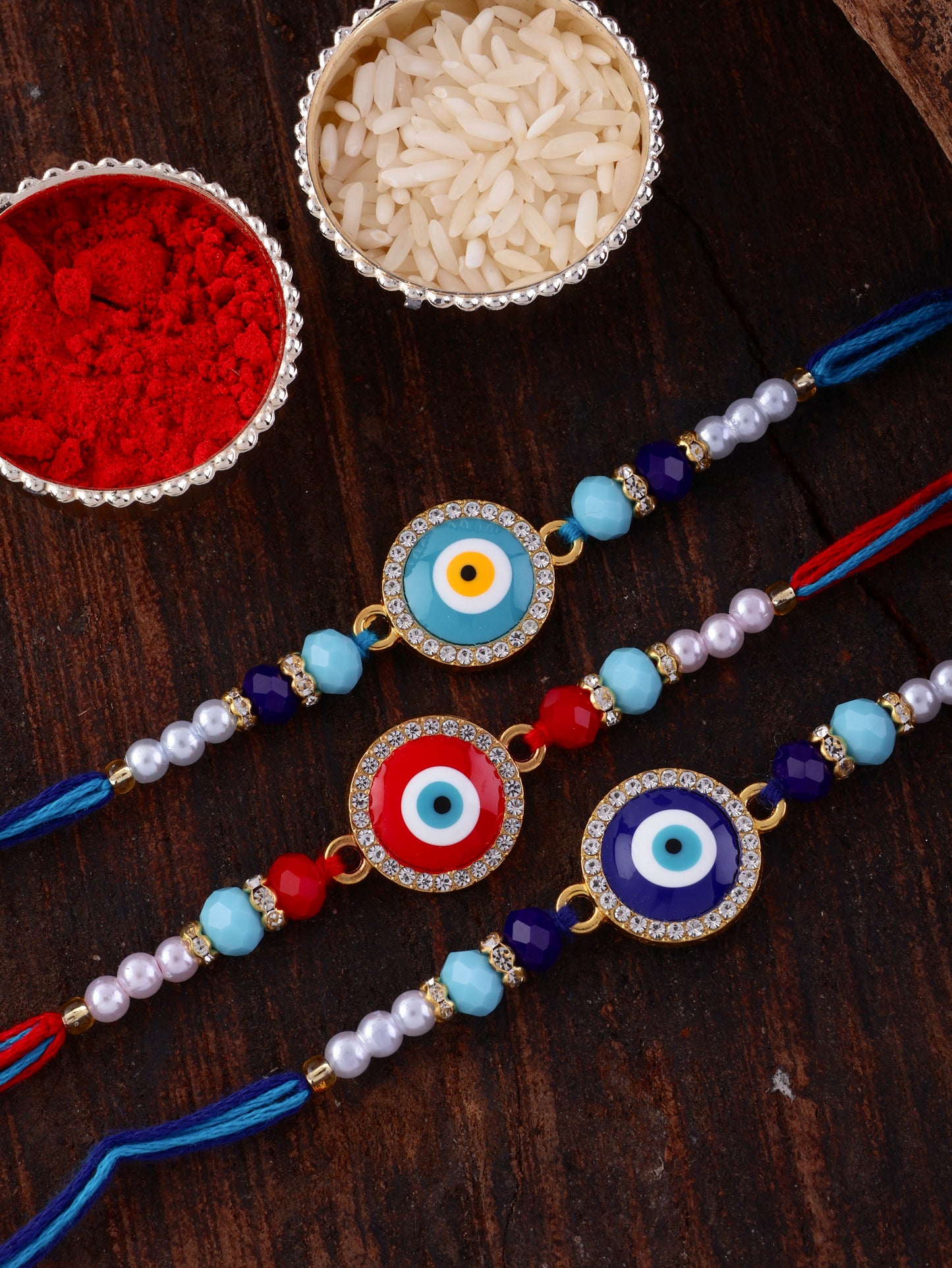 Turquoise Zaroon Evil Eye Rakhi with Tilak Set and Card