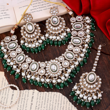 Green Gurkeerat Necklace Earring with Teeka and Side Jhumar/Passa