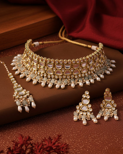 Mint Guranshi Dabi Kundan Choker Necklace with Earring and Mangteeka