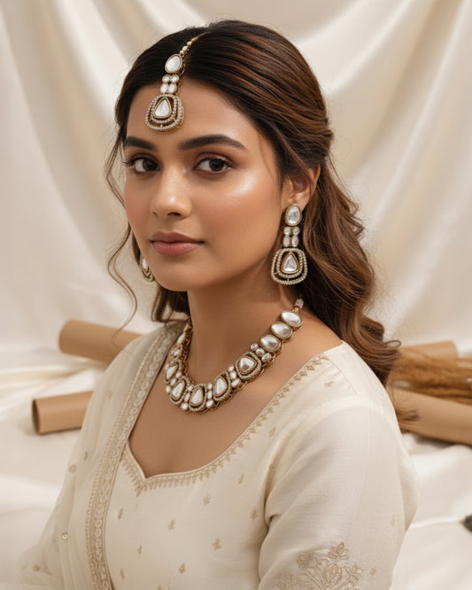 Sumaya Premium Polki Dupe Necklace with Earring and Teeka