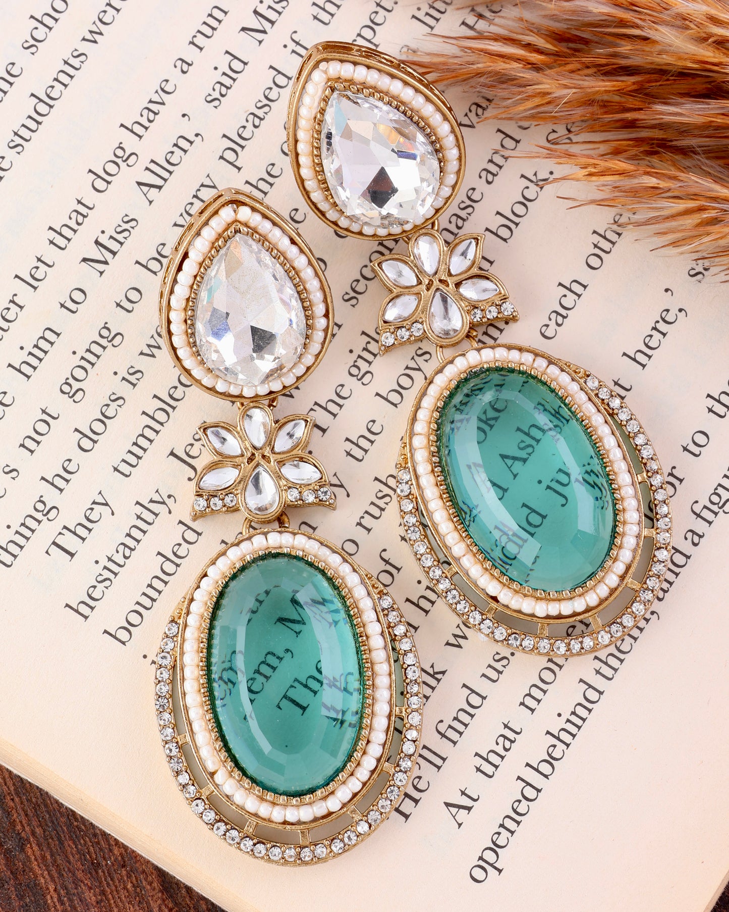 Turquoise Dhvit Premium Designer Zircone Polki Dupe Earring