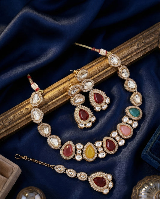 Multi Prishika Premium Polki Dupe Necklace with Earring and Teeka
