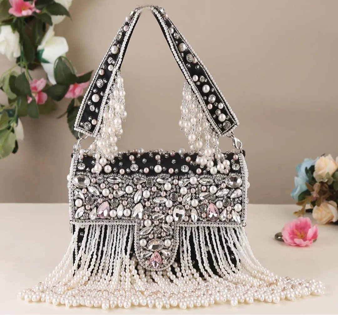 Black Charlie Rhinestone Pearl String Flap Clutch