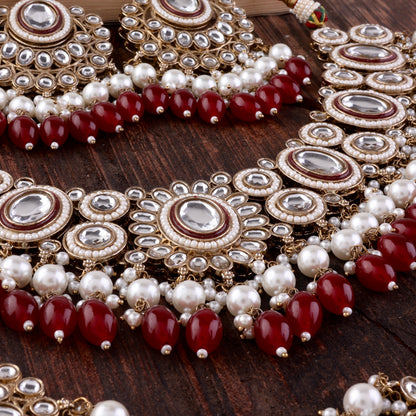 Dark Red Gurkeerat Necklace Earring with Teeka and Side Jhumar/Passa
