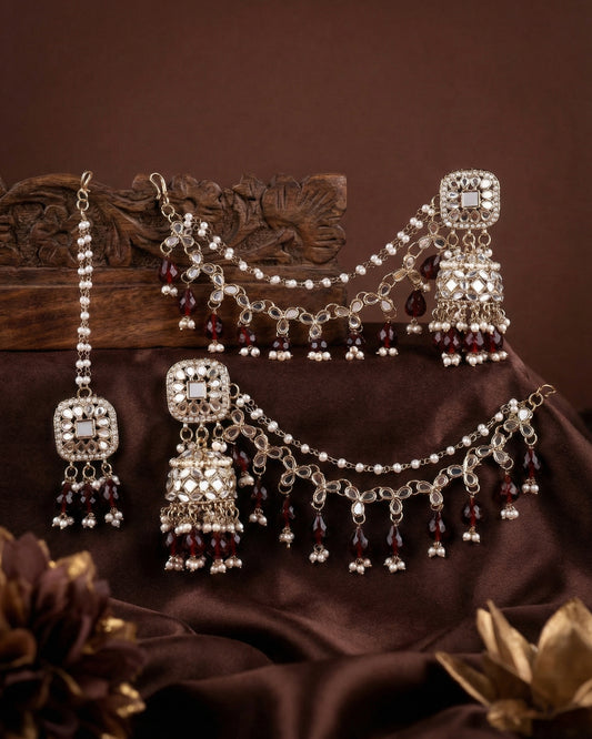 Maroon Aayat Bahubali Jhumka with Statement Kaan Chain and Teeka