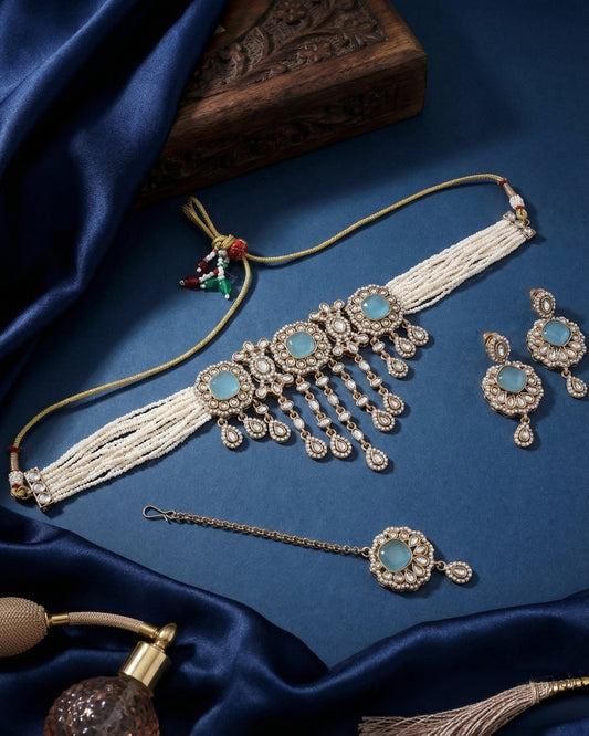 Turquoise Meher Premium Necklace with Earring and Mangteeka