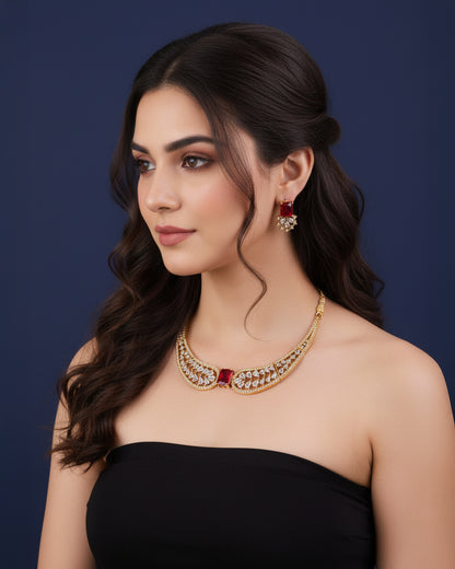 Red Nuha Designer Indo Western Necklace With Earrings