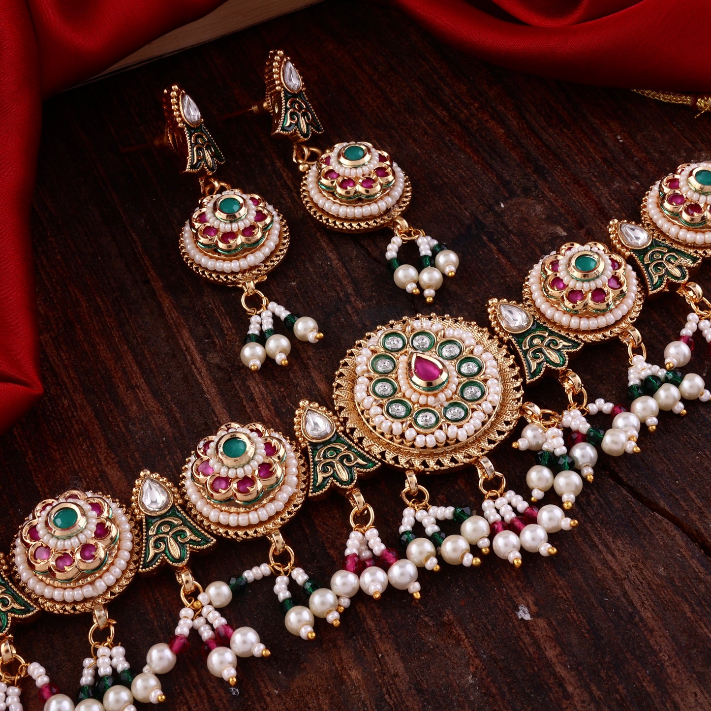 Green Pink Ahilya Rajwada Choker set with Earring