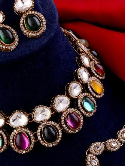 Multi Arshiya Premium Polki Dupe Necklace with Earring and Teeka