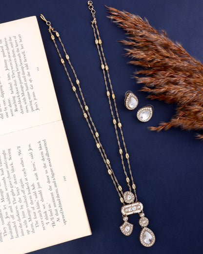 Kabir Polki Dupe Pendant Style Long Necklace Set with Earring