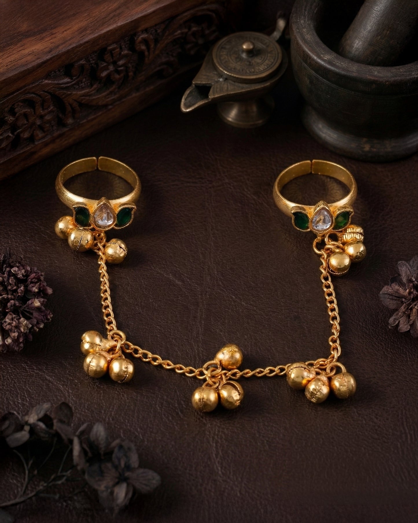 Green Mukta Brass HaathPhool Ring
