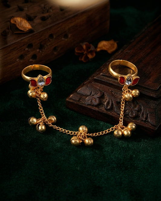 Red Mukta Brass HaathPhool Ring