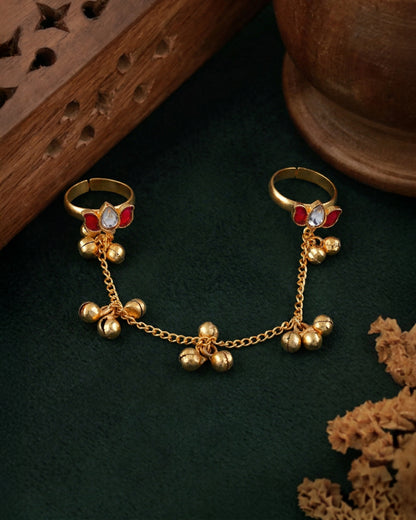 Red Mukta Brass HaathPhool Ring