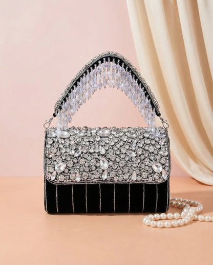 Black Clementine Rhinestone Flap Clutch