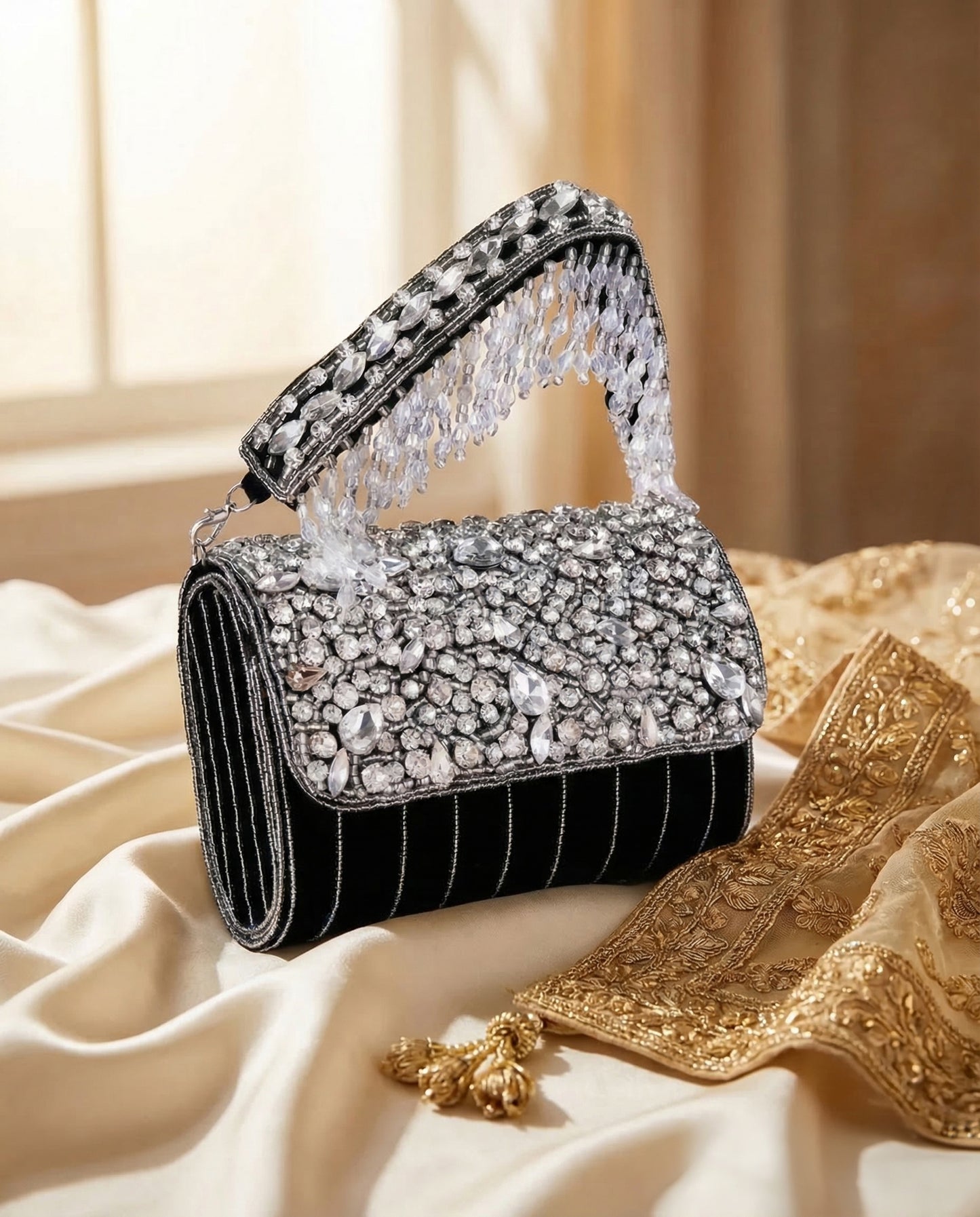 Black Clementine Rhinestone Flap Clutch