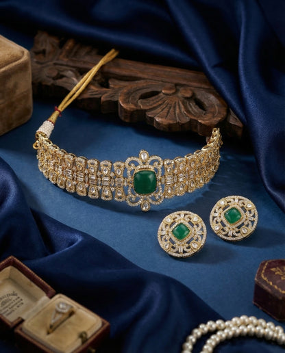 Emerald Jean Premium Moissanite Stone Necklace with Earring