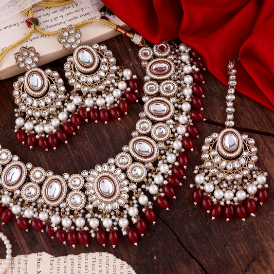 Dark Red Gurkeerat Necklace Earring with Teeka