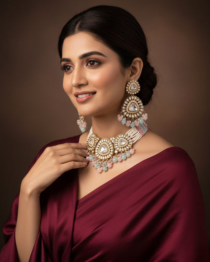 Pastel Ivanshi Premium Necklace with Earring and Teeka