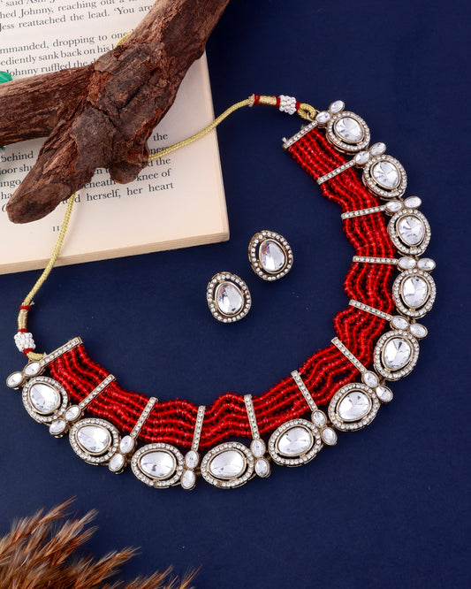 Red Darvesh Zircone Polki Dupe Pearl Necklace with Earring
