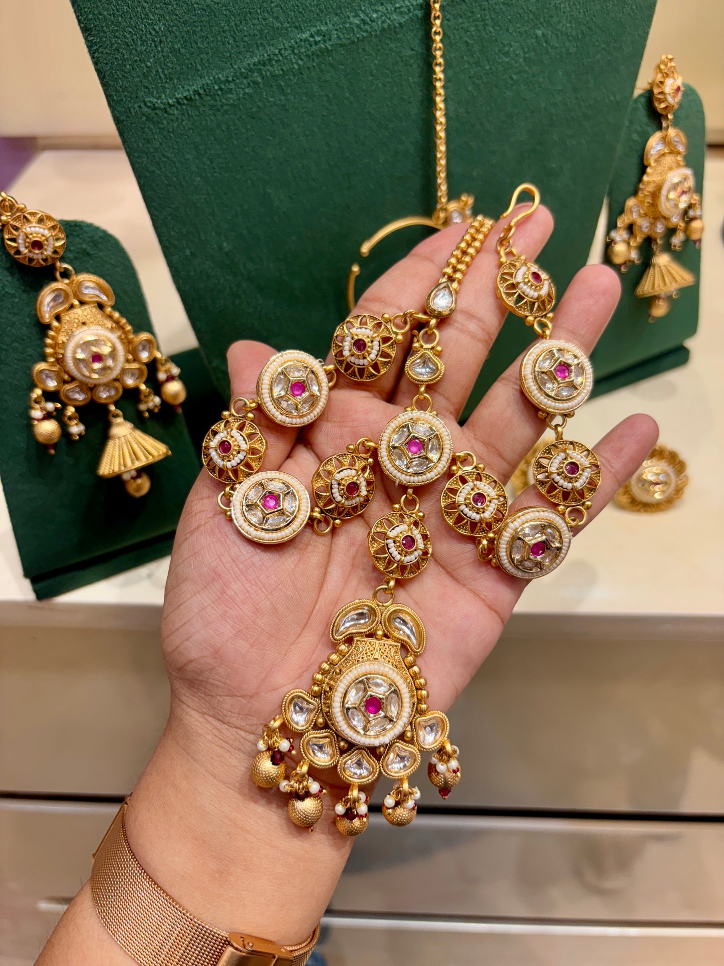 Royal Rajwada Bridal Necklace Set with Jhumki Earring and Sheshpatti with Mangteeka and Bridal Nath Nose Ring and Pair of Ring