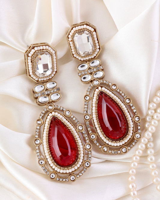 Red Aarit Premium Designer Zircone Polki Dupe Earring