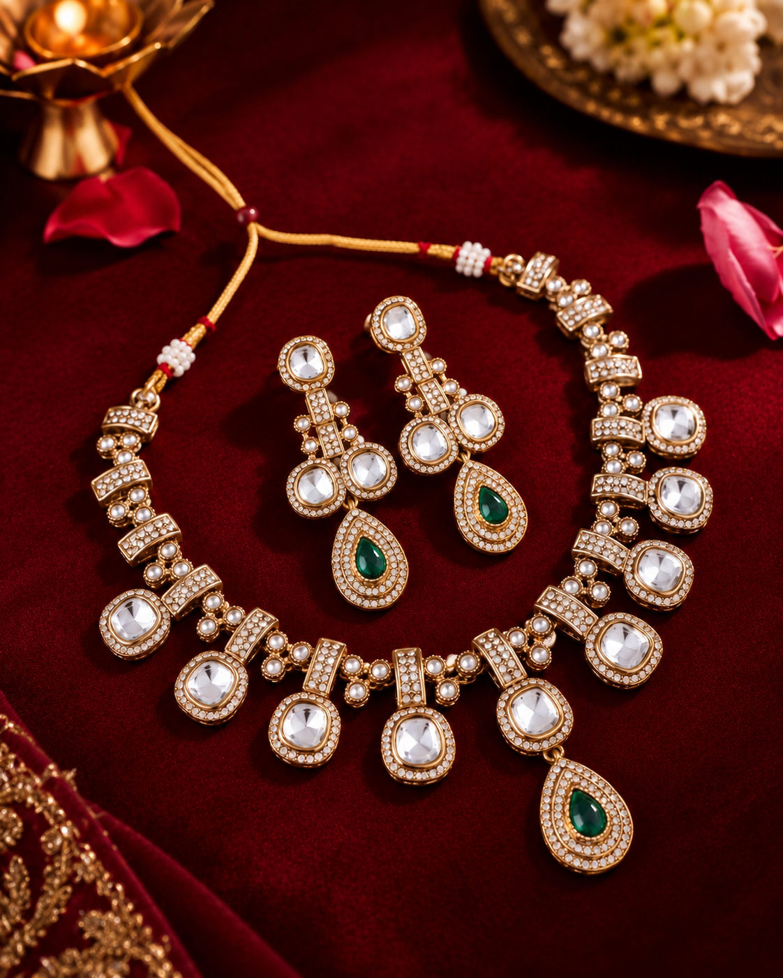 Green Kashvika Polki Dupe Necklace Set with Earring and Teeka